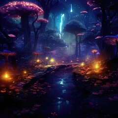Mystical fly agarics glow in a mysterious dark forest. Fairytale background.