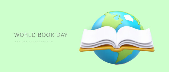 World Book Day. Education, development, awareness. Reading promotion. Library holiday. Giant 3D globe, open book. Time to study and read. Modern banner
