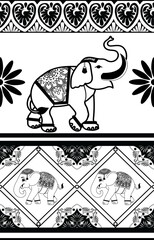 Elephant pattern. Seamless. White stripes, black background. Ethnicity. Floral patterns, printed fabrics, pants, Lanna.