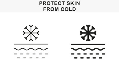Skin Protection of Frostbite Line and Silhouette Black Icon Set. Effect of Skin Cold Pictogram. Barrier from Cooling Symbol Collection. Snowflake on Skin Layer. Isolated Vector Illustration