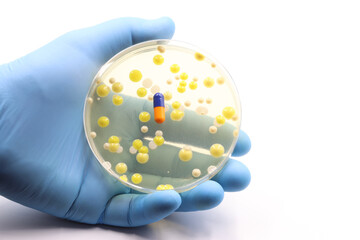A doctor's or scientist's hand holds a Petri dish with colonies of bacteria and a pill or medicine....