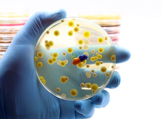 A doctor's or scientist's hand holds a Petri dish with colonies of bacteria and a pill or medicine. Concept of resistance of bacteria to antibiotics.