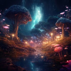 Magical fantasy mushrooms in a magical fairy tale dreamy elf forest, mysterious background, shiny glowing stars.