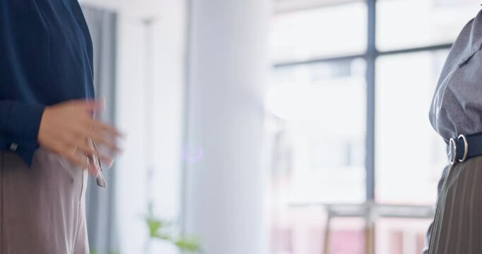 Fist bump, hand shake and business people in fun, casual meeting or hello and congratulations in office. Work, funny friends and shaking hands in support of b2b deal, onboarding or goal success
