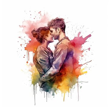 Illustration painting of lovers with watercolor and white background