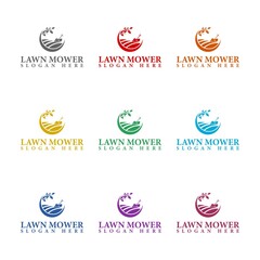  Lawn Mower Logo Template icon isolated on white background. Set icons colorful