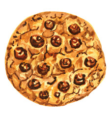 American traditional cookie with chocolate chips watercolor illustration. Hand drawn pastry for menu and packaging.