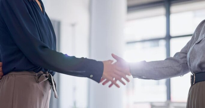 Welcome, handshake and business people in office for job interview, deal or partnership agreement. Thank you, shaking hands and women team with hiring, collaboration and b2b teamwork offer at startup