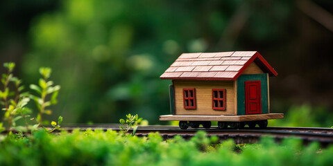 Obraz na płótnie Canvas Captivating miniature wooden house on train tracks, embodying mobility and transitional housing concept. Emotionally stirring choice for modern living ideas. Generative AI
