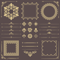 Vintage set of horizontal, square and round elements. Golden elements for backgrounds, frames and monograms. Classic patterns. Set of vintage patterns