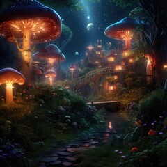 Mystical fly agarics glow in a mysterious dark forest. Fairytale background.