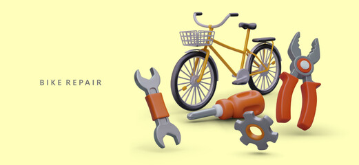 Repair and maintenance of bicycles. 3D bike, pliers, screwdriver, wrench, gear. Advertisement of cycle repair services. Horizontal poster on yellow background