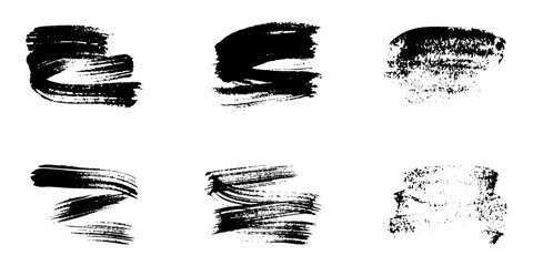 Brush Stroke Abstract Set. Grunge Paintbrush, Black Ink Texture. Paint Splatter, Dirty Splash. Watercolor Scratch. Brushstroke Design Element. Isolated Vector Illustration