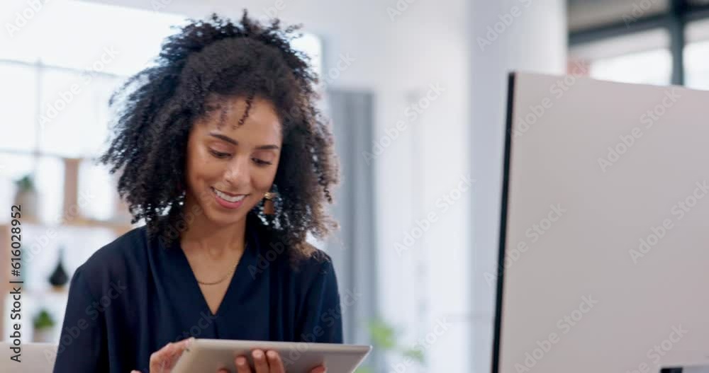 Poster tablet, woman and creative designer for business in office, working and typing email in startup. tec