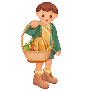 Watercolor isolated illustration. boy holds a basket of harvest: pumpkins, peppers, wheat in his hand. Pose: the child smiles, looks with interest. Farmer's clothing - jacket, shorts, boots