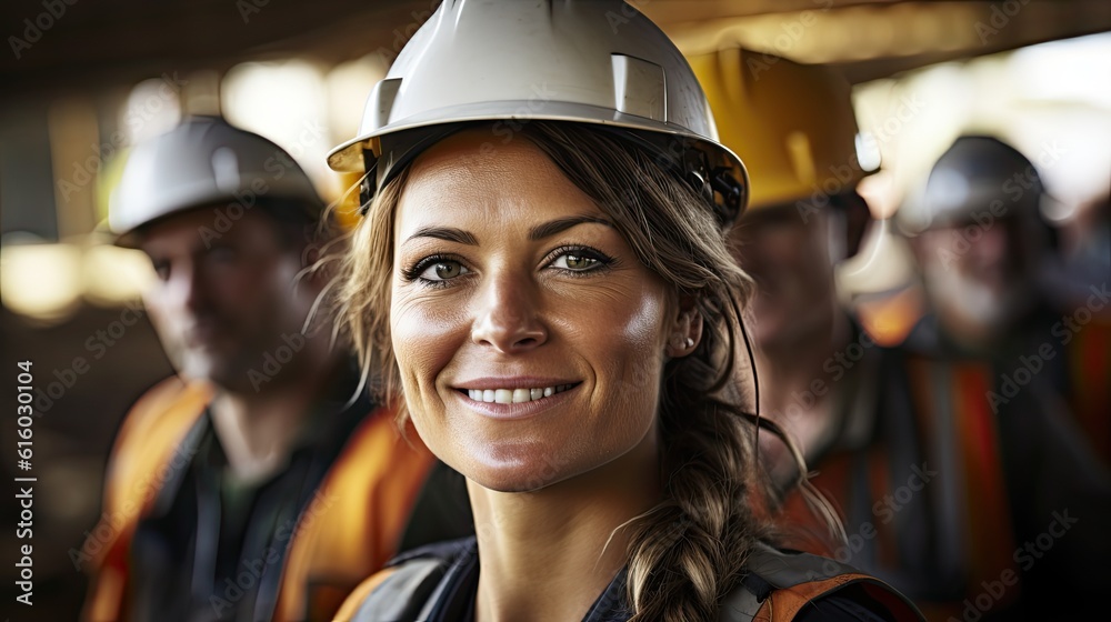 Wall mural woman working on a construction site, construction hard hat and work vest, smiling, middle aged or older, 