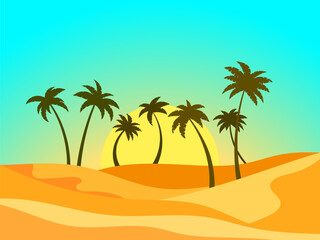 Obraz na płótnie Canvas Desert landscape with palm trees and sand dunes. Sunrise in the desert, sand dunes with silhouettes of palm trees. Design for print, banners and posters. Vetornaya illustration