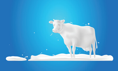 Abstract shape white cow on grass and splash milk