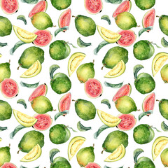 Whole guava and slices, leaves watercolor seamless pattern isolated on white. Tropical fruit, pink, yellow pulp guajava hand drawn. Design for wrapping, packaging, textile, background, wallpaper