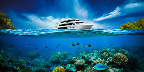 Fototapeta premium Stunning split-view revealing luxury yacht above serene bay waters and vibrant coral reef teeming with marine life, evoking emotions of high-end maritime living. Generative AI