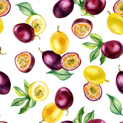 Various passion fruits on leaf watercolor seamless pattern isolated on white. Purple tropical whole, sliced maracuja hand drawn. Design for wrapping, package, textile, background, paper, tableware