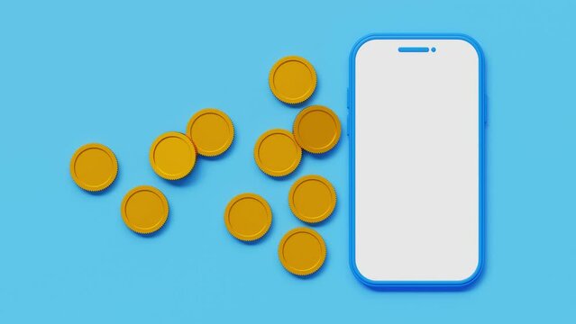 3D render of mockup smartphone with golden coins on left side. Cashback concept, get rewards by sign up, earn points, loyalty program, gifts, online shopping. 4K 3D loop animation