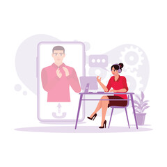 The young female student in a study room was doing an online course with a private tutor, listening intently through headphones. Trend Modern vector flat illustration.