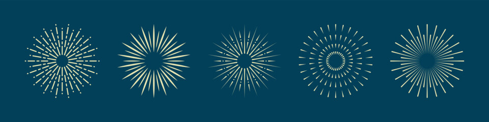 Circle Sun Burst, Sunburst Icon Set. Abstract Sparkle Firework, Starburst. Vintage Decoration. Radial Light Pictogram. Sunbeam, Round Ray, Sunrise Symbol Collection. Isolated Vector Illustration
