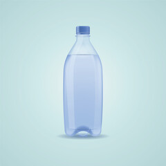 Pure Mineral Water, Plastic Bottle In The Middle And Flying Water Drop Elements On Blue Background. Vector Illustration