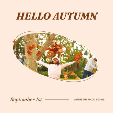 Hello autumn text in brown with happy african american girl thowing fallen leaves, on beige