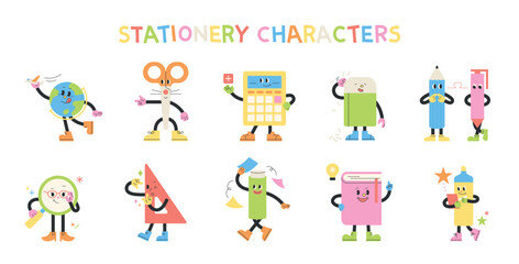 Cute school supplies characters collection.