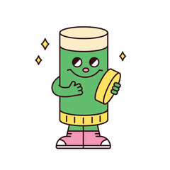 Cute school supplies characters. Gluestick is holding a cap in his hand and smiling.