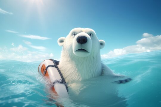 polar bear in the sea, Guardian of the Arctic: A Captivating CG Art Depicting an Ice Bear with a Lifebelt, Symbolizing Conservation Efforts and Hope in the Sunlit Ocean