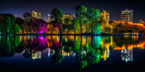 Stunning neon-lit urban landscape reflecting on serene lake, with towering trees and tranquil nature adding electrifying color contrast, evoking emotions. Generative AI