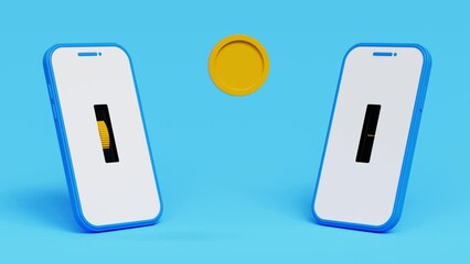 Money transfer on smartphones. 3D golden coins moving from one mobile phone to other. Sending and receiving money wirelessly, Mobile wallet. 4K 3D loop animation - Powered by Adobe