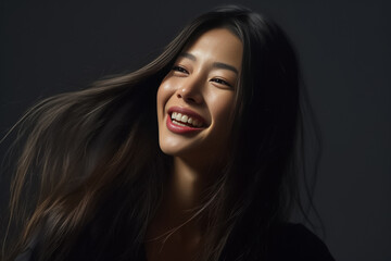 Asian woman with a radiant smile and flowing long hair exudes relaxation against a dark background. Generative AI.