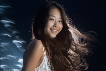 Asian woman with a radiant smile and flowing long hair exudes relaxation against a dark background. Generative AI.