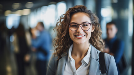 a happy businesswoman thriving in her company. She stands confidently in a modern office