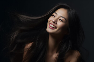 Fototapeta premium Asian woman with a radiant smile and flowing long hair exudes relaxation against a dark background. Generative AI.