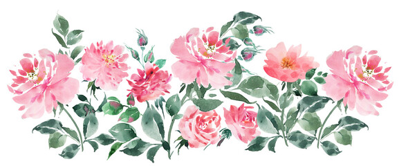 Border garden flowers watercolor, garden roses background. Pink peony frame.