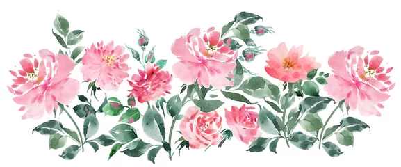 Fotobehang Border garden flowers watercolor, garden roses background. Pink peony frame. © Марина Радышевская