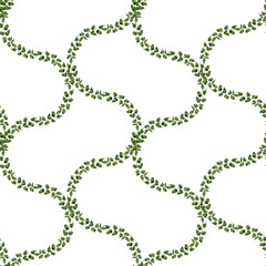 Hand drawn watercolor seamless pattern of green ruscus branches with leaves for wedding, birthday, greeting card, menu, banner, border, stickers. Elements isolated on a white background.