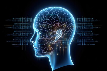 Obraz premium Silhouette of a human head showing illuminated data analysis happening in the brain