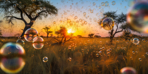 Colorful bubbles rise skyward on a serene savannah lit by the setting sun. They take on the appearance of another world, Africa. Generative AI