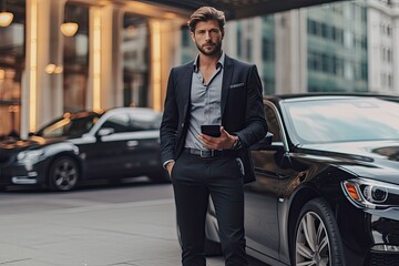 Handsome young businessman using mobile phone while standing outdoors near car
