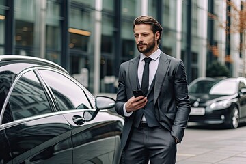 Handsome young businessman using mobile phone while standing outdoors near car
