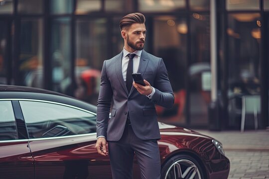 Handsome young businessman using mobile phone while standing outdoors near car