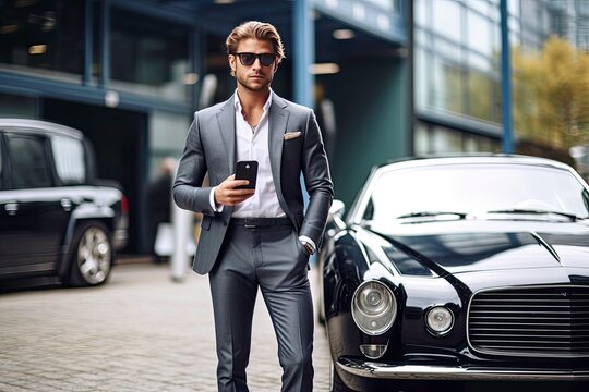 Handsome young businessman using mobile phone while standing outdoors near car