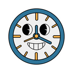 Funny groovy retro clipart clock. Clock character in 70s cartoon style. Vector illustration isolated on white background