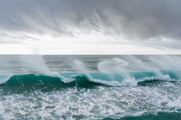 Waves curling over and breaking  with stormy sky